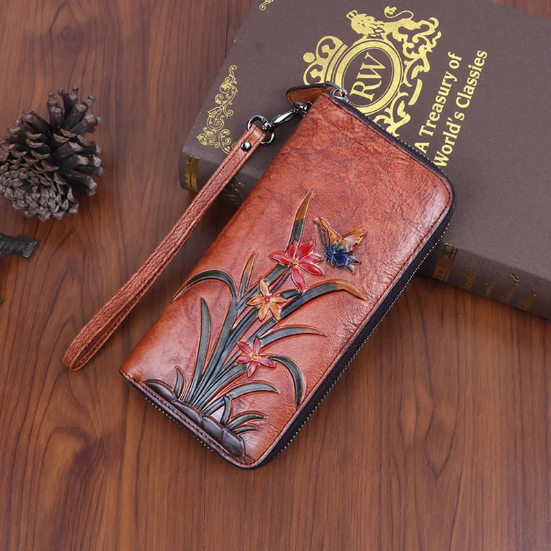 Женский клатч из натуральной кожи, удобная сумка с бабочкой и цветком, женская карточка, зажимы для денег в стиле ретро, Длинный кошелек, кошелек
