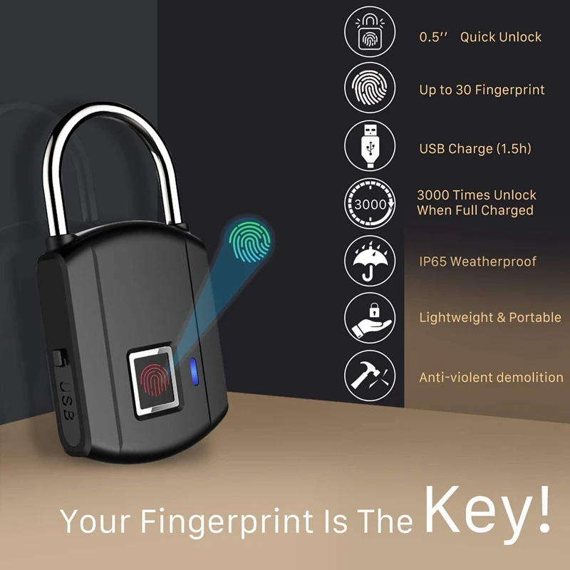 Замок с отпечатком пальца на открытом воздухе, умный биометрический отпечаток большого пальца, замок без ключа, разблокировка в одно касание, портативный USB-перезаряжаемый противоугонный замок