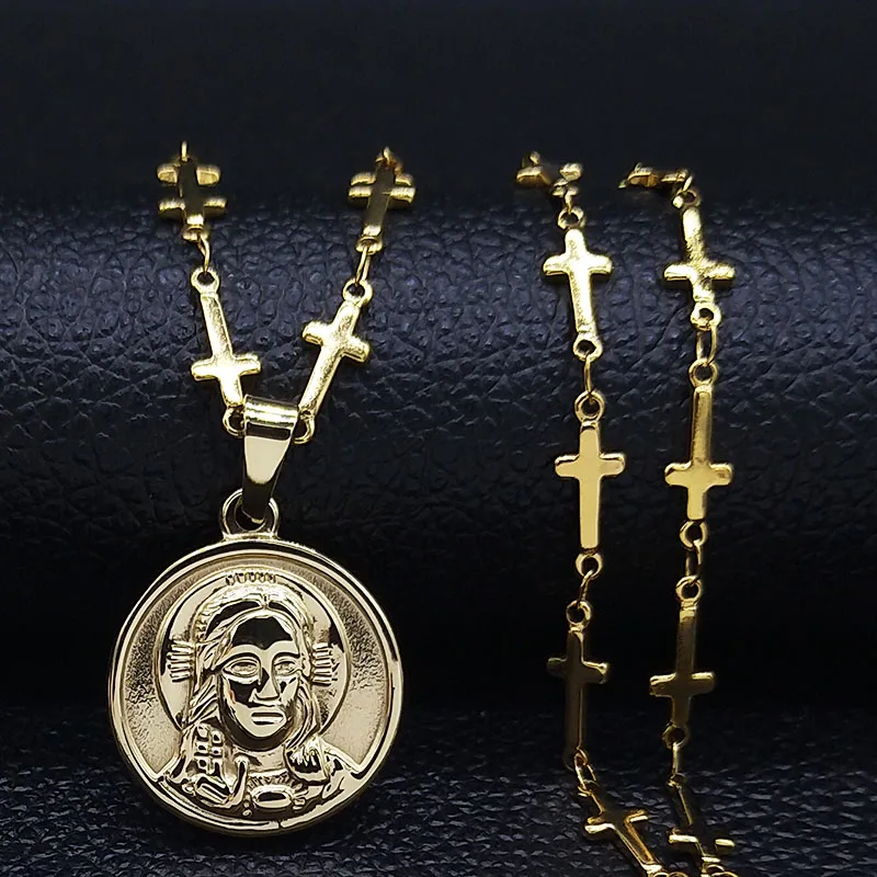 Католическая Дева Мария Ожерелье из нержавеющей стали для женщин Золотого цвета Ожерелья Подвески Ювелирные Изделия cadenas mujer N19569