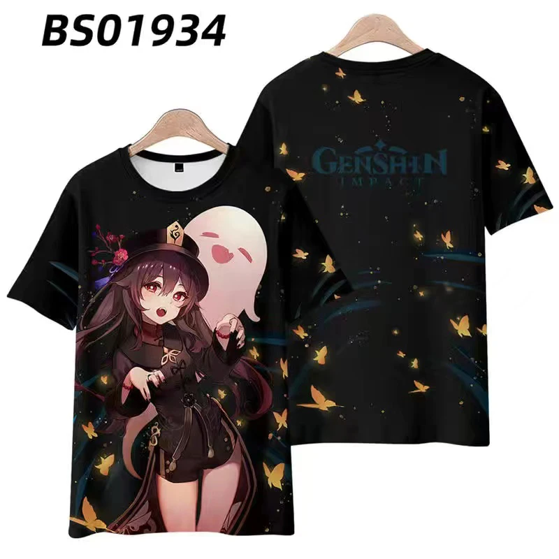 Мужская Женская футболка Genshin Impact Anime Game Girls Hutao Косплей Летняя футболка с коротким рукавом для мальчиков и девочек Hu Tao Графические футболки