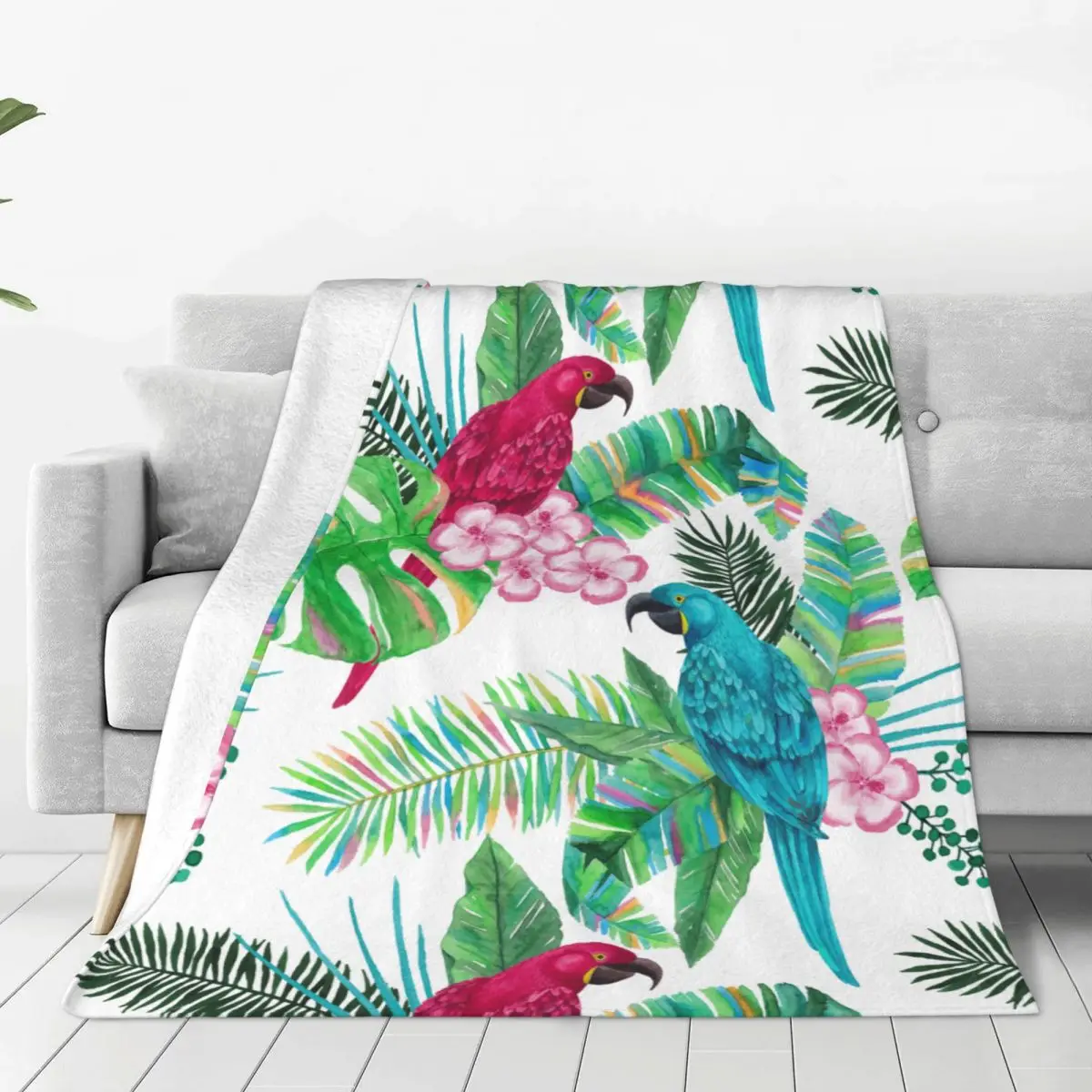 Мягкое флисовое одеяло с попугаями и растениями, теплое и уютное на все сезоны, удобное одеяло из микрофибры для дивана-кровати 40 