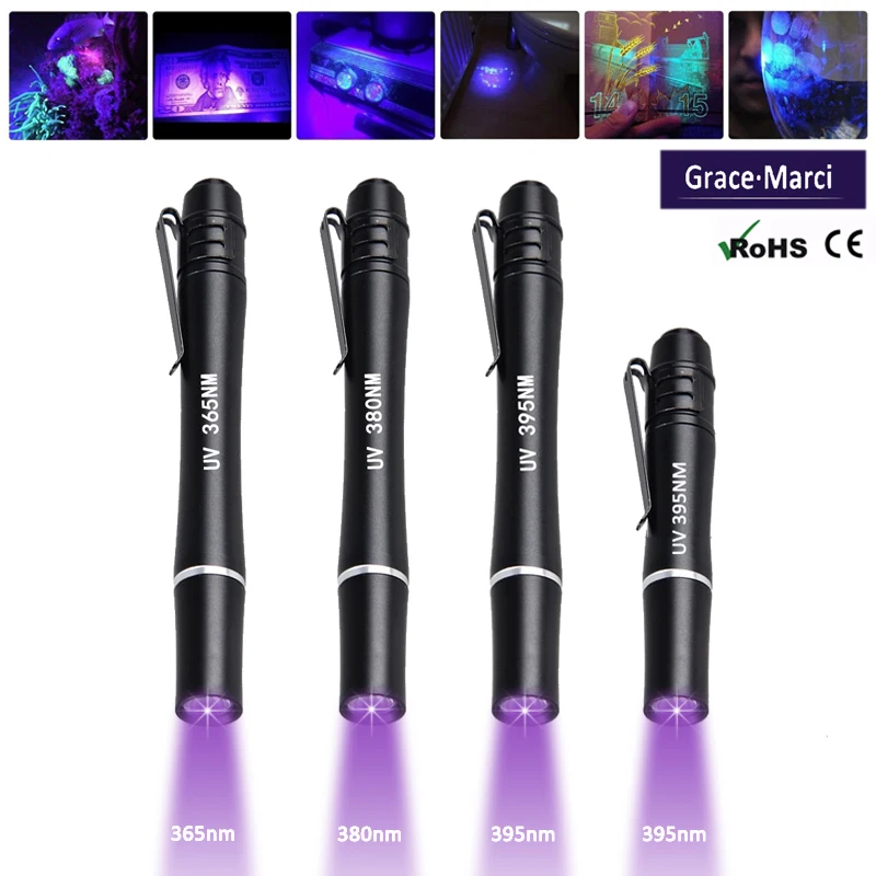 Продажа Ручных Фонарей 395nm Flashlight Detect Ultra Pen Clip 365nm 380nm За Деньги Фиолетовая На Свету Портативная Ручка С Мини