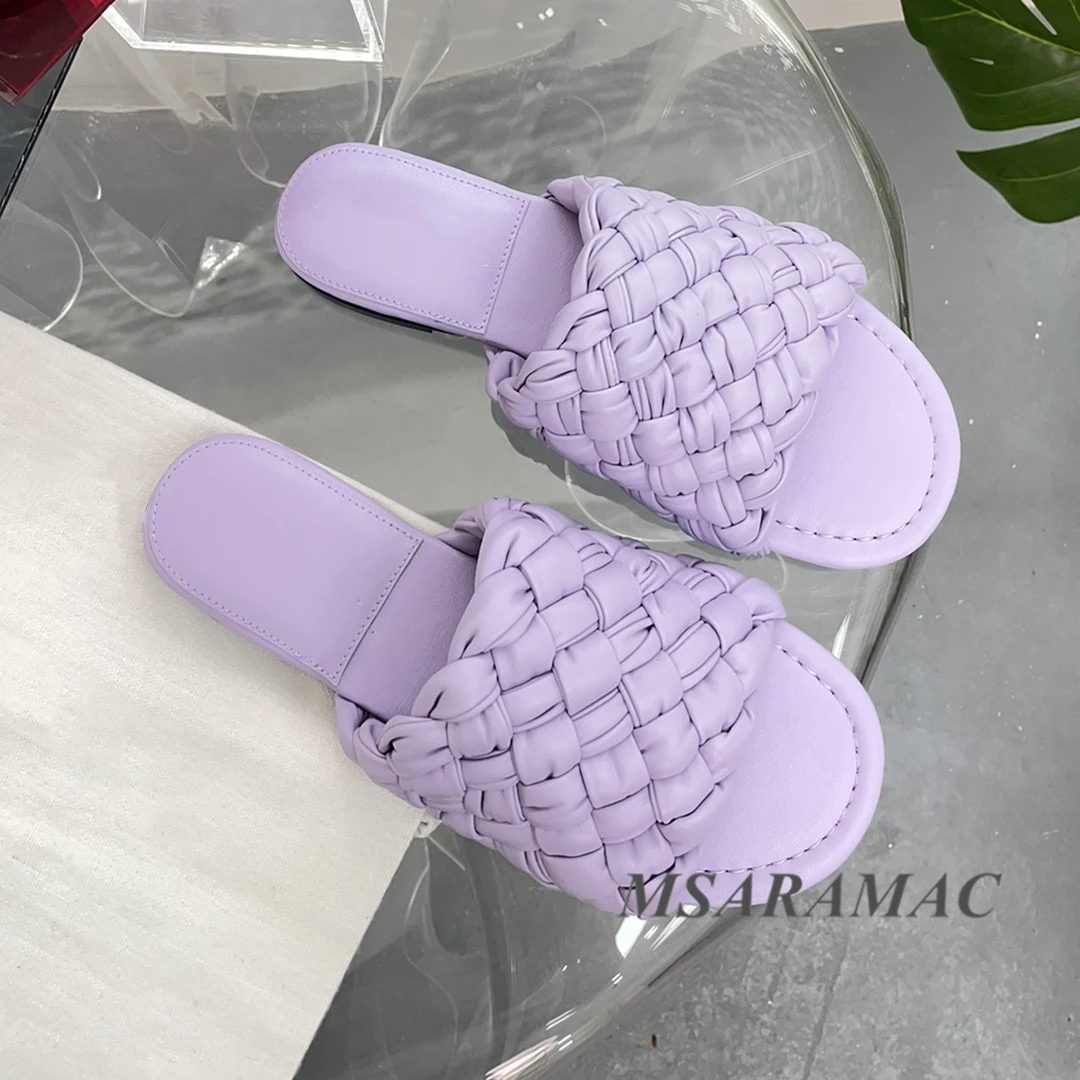 Элегантные фиолетовые плетеные тапочки на плоской подошве из натуральной кожи с открытым носком для отдыха, высококачественные женские повседневные удобные тапочки
